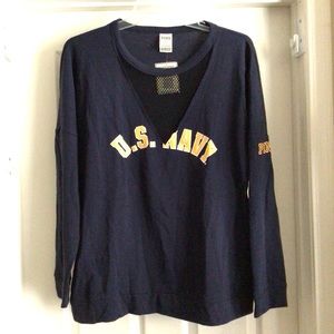 PINK VICTORIAS SECRET US NAVY MESH V-NECK SWEATSHIRT SIZE L